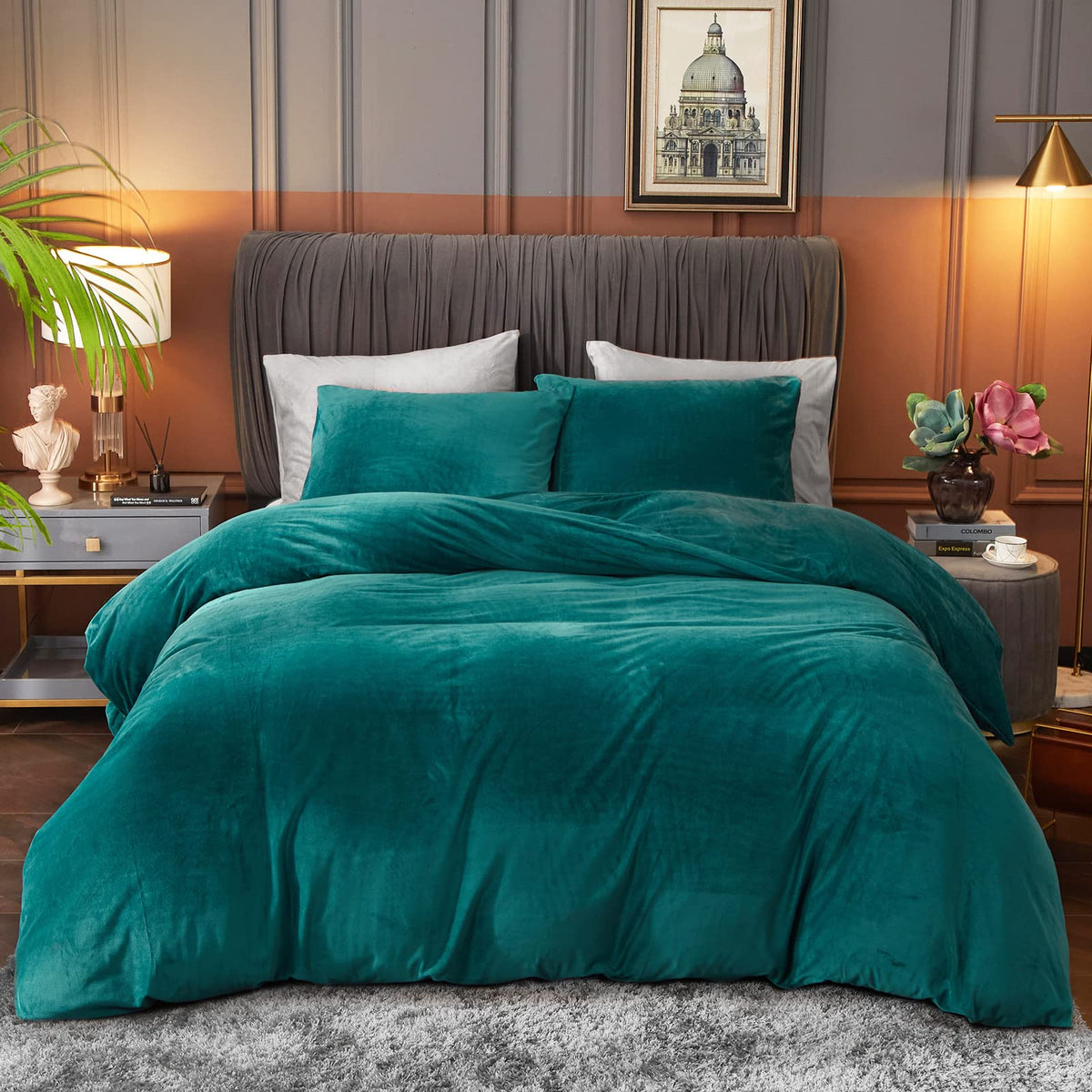 Ivellow Velvet Duvet Cover Queen Set, 3 Pcs Olive Green, Zipper Corner Ties
