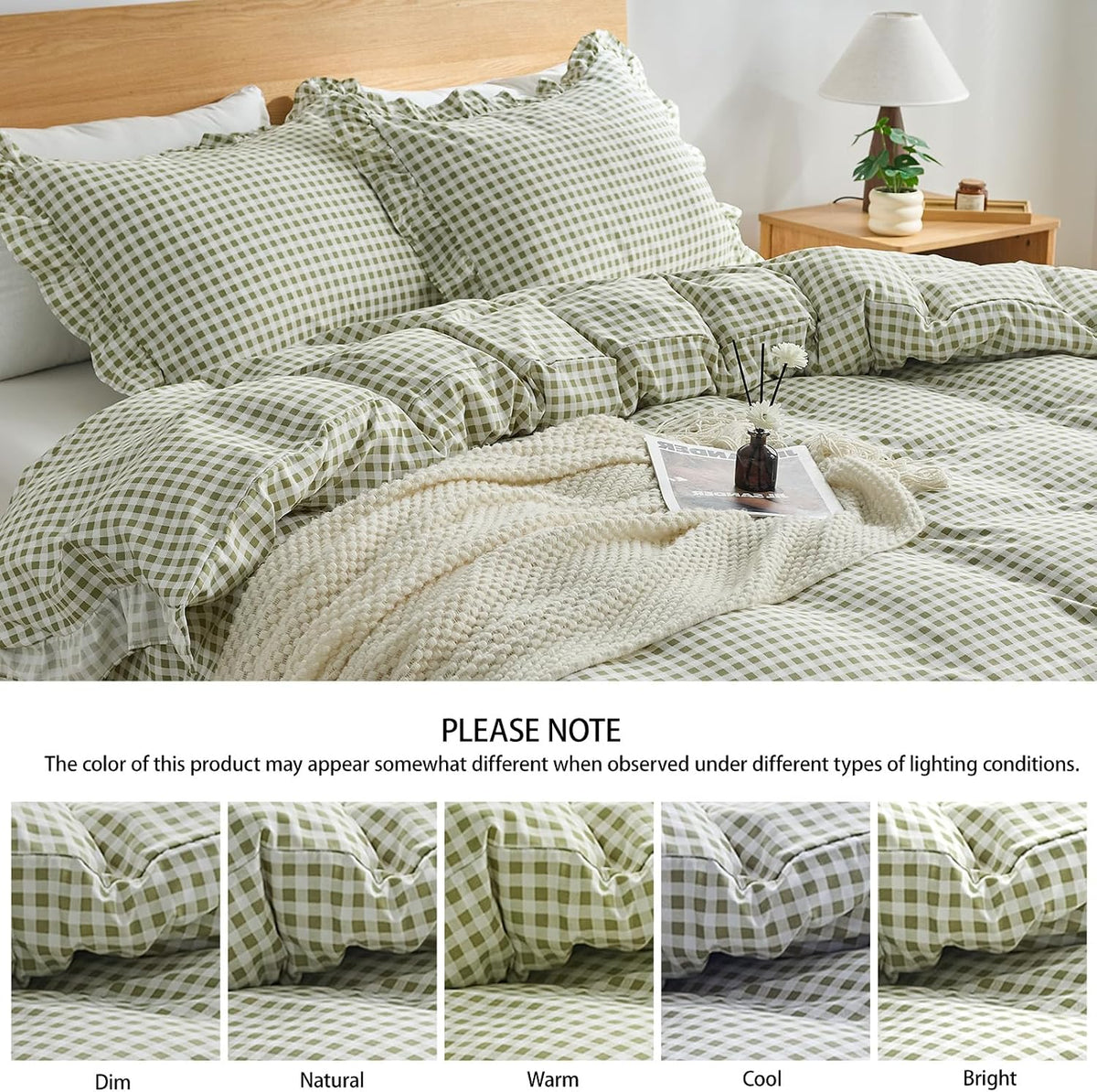 Gingham Duvet Cover Queen Size, 3 Pieces Soft Breathable Microfiber Plaid Duvet Cover with Zipper Closure & 2 Pillow Shams, Ruffle Farmhouse Vintage Decor, Sage Green