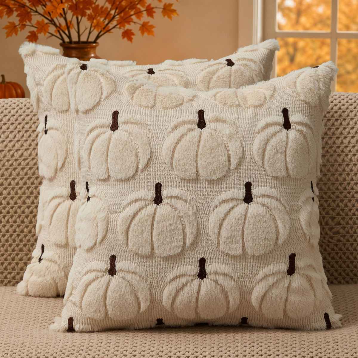 DFXSZ Fall Pillow Covers 18x18 2Pcs Beige Pumpkin Fall Decorations for Home