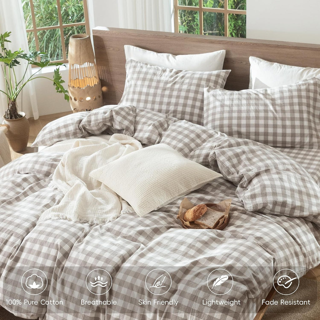 MooMee Gingham Duvet Cover Set 100% Washed Cotton Linen Like King