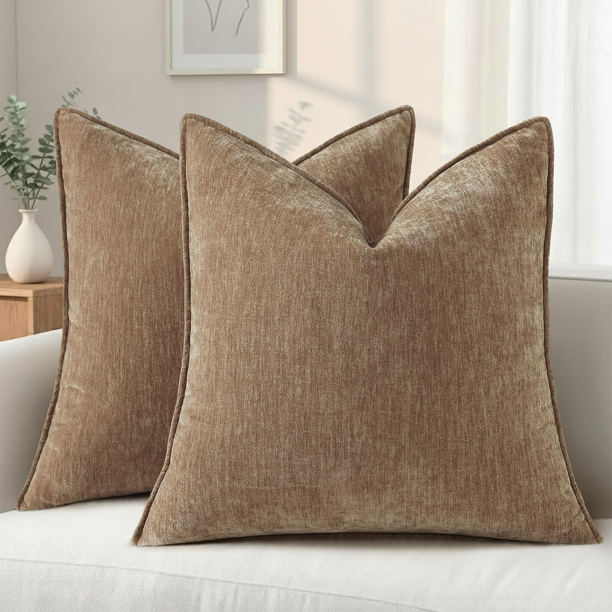 decorUhome Chenille Beige Velvet Throw Pillow Covers 20x20 Set of 2