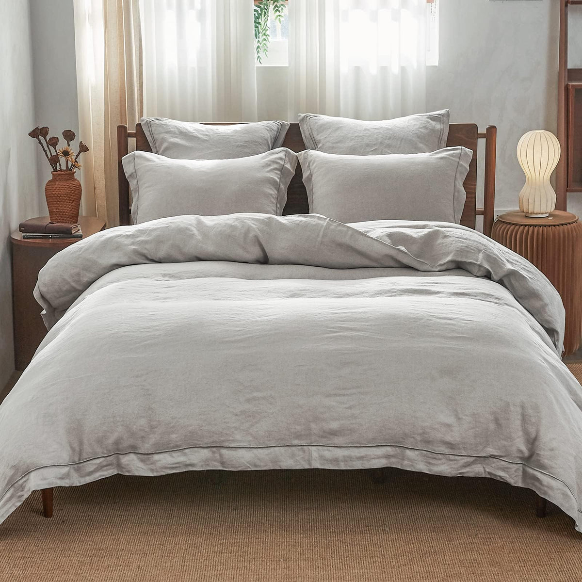 Simple&Opulence 100% French Flax Linen Duvet Cover Set with Embroidery Washed - 3 Pieces (1 Duvet Cover with 2 Pillow Shams) with Button Closure Soft Breathable Farmhouse - Linen, King Size
