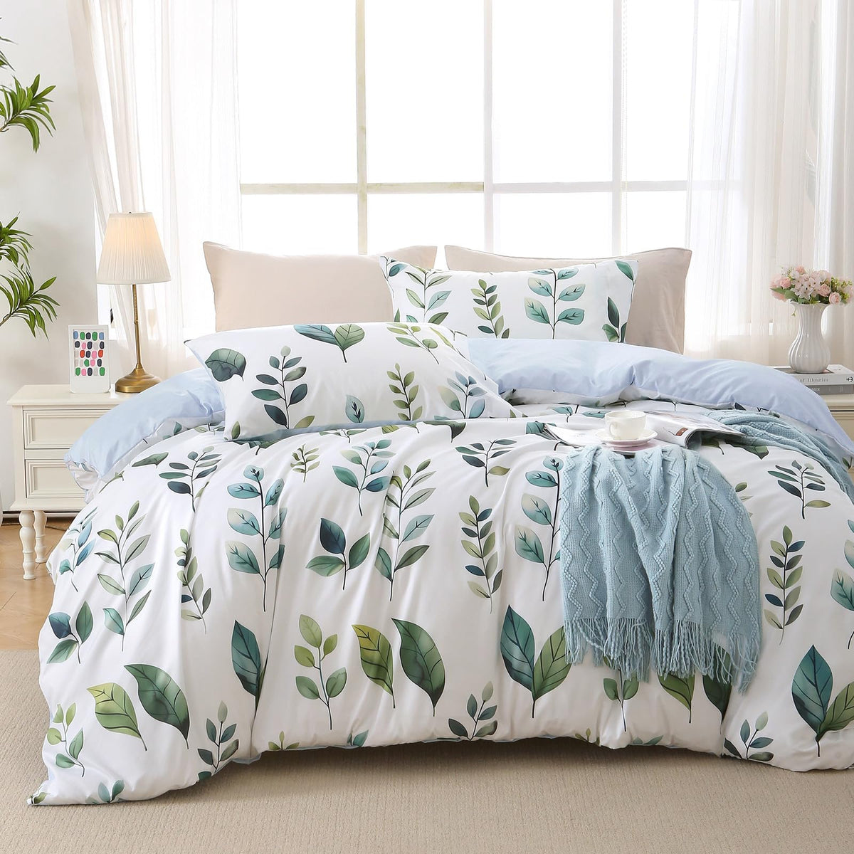 MUXHOMO Duvet Cover Queen Size, Reversible Floral Green Duvet Cover Set with Zipper Closure, 3 Pieces Botanical Patterns Soft Microfiber Bedding Set with 4 Ties (90"x90", 2 Pillow Cases)