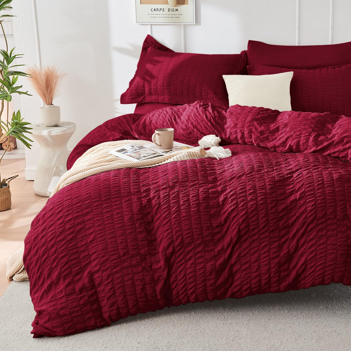 HYMOKEGE Beige Duvet Cover Queen Size, Ultra Soft 3-Piece Seersucker Duvet Cover Set with Zipper Closure, Soft Brushed Microfiber Bedding Set with 8 Corner Ties (90"x90", 2 Pillowshams)