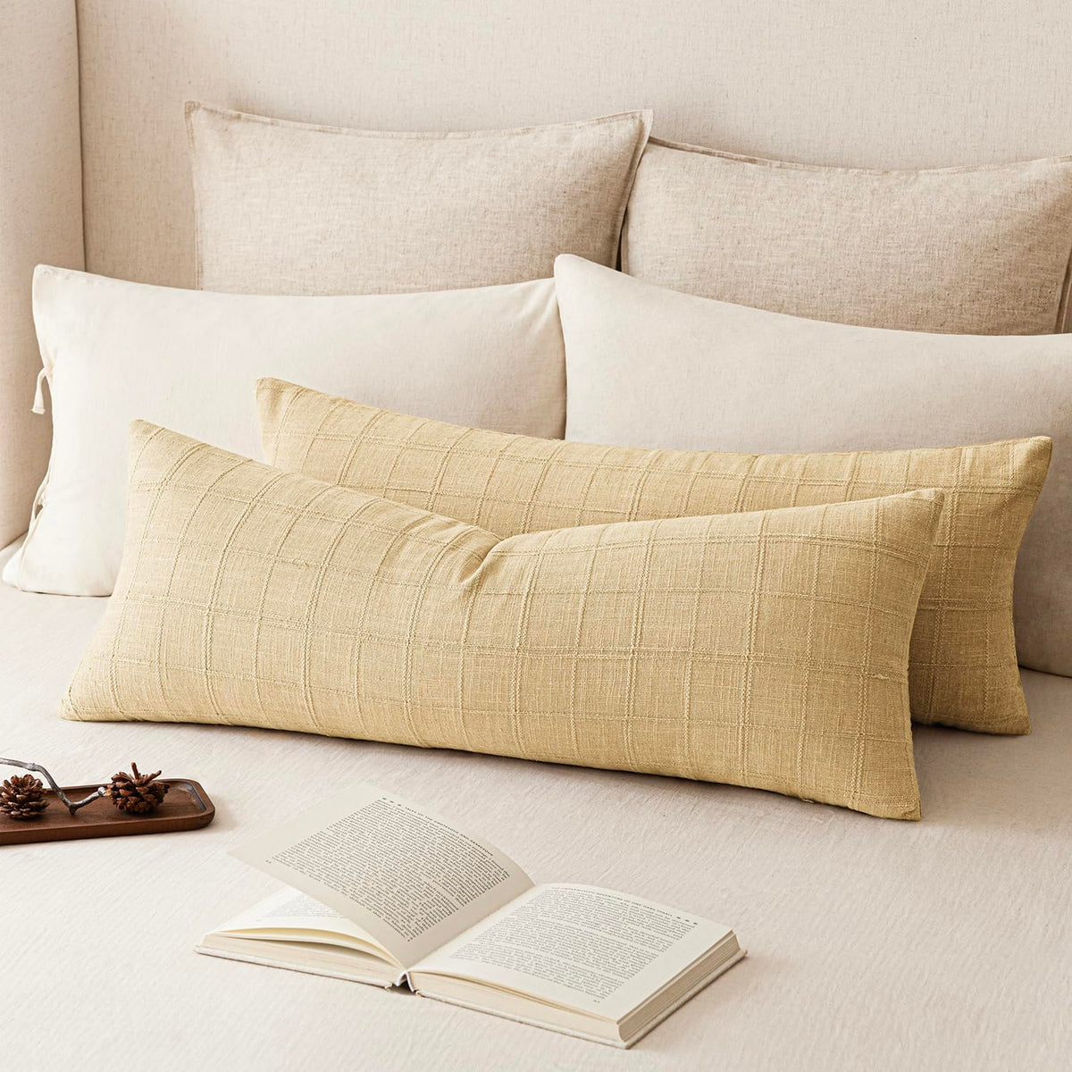 Foindtower Boho Linen Check Decorative Throw Pillow Cover 18×18 Olive Green