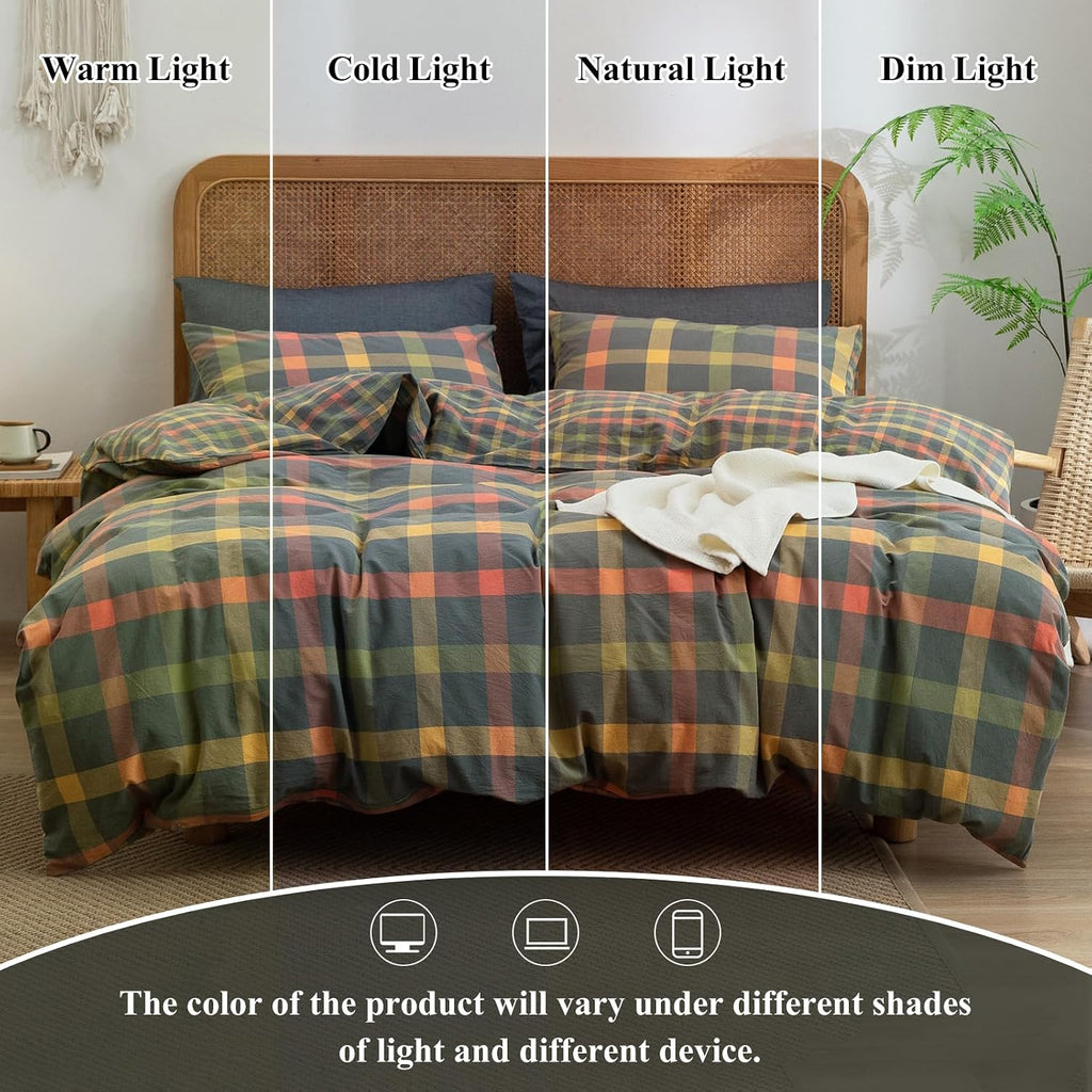 Plaid Duvet Cover Set Washed Cotton,Queen(90"x90"),Multicolor Gingham