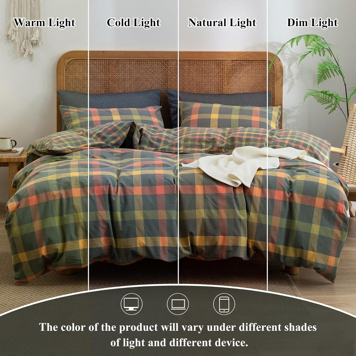 Plaid Duvet Cover Set Washed Cotton,Queen(90"x90"),Multicolor Gingham