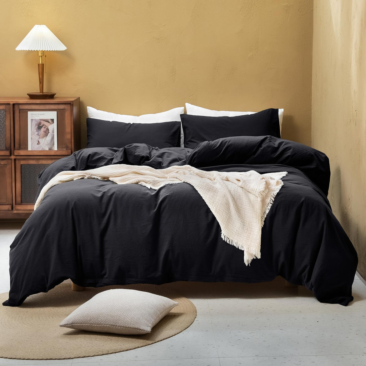 FOSSA Duvet Cover Set 100% Washed Cotton Linen Feel Queen