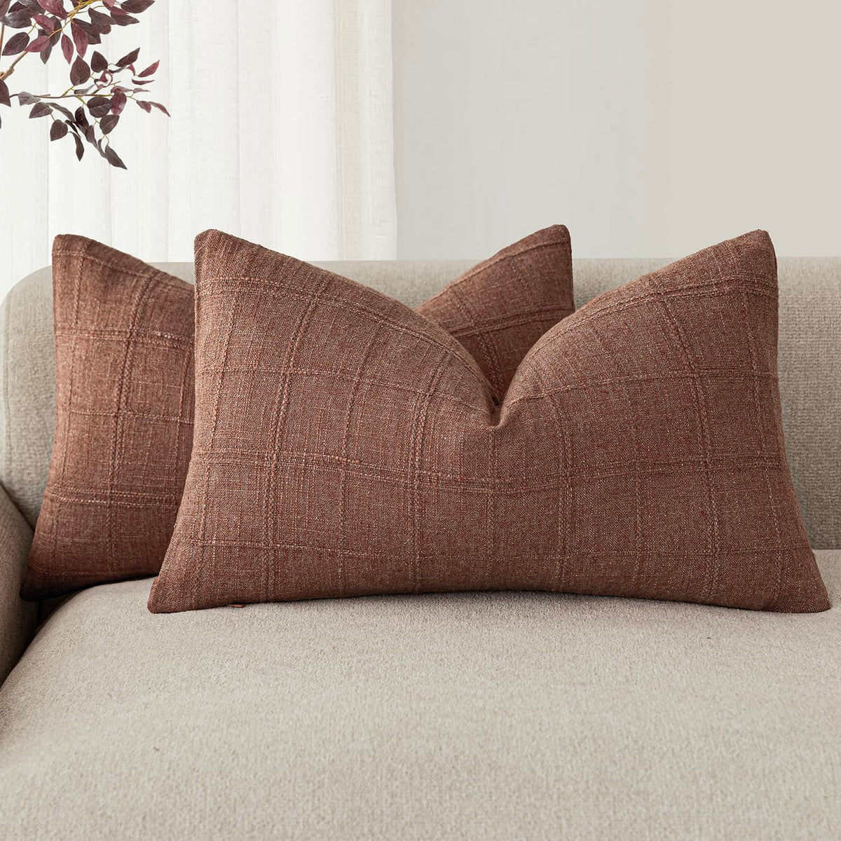 Foindtower Boho Linen Check Decorative Throw Pillow Cover 18×18 Olive Green