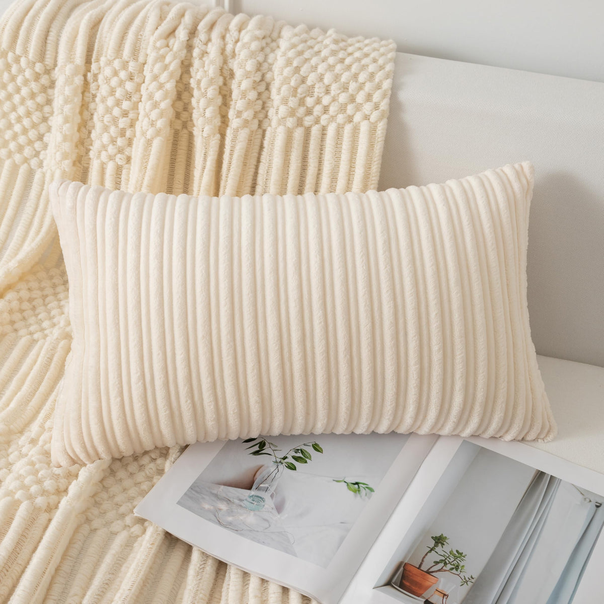 UGASA Velvet 12x20 Inch Lumbar Soft Throw Pillow Cover Boho Farmhouse Decorative Corduroy Striped Both Sides Solid Rectangular Cushion Case for Couch Bedroom Sofa Home, 1 Piece, Beige