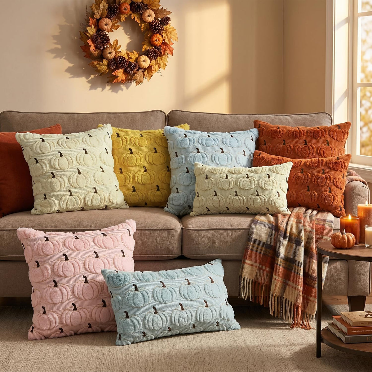 AVOIN colorlife Beige Fall Pumpkin Throw Pillow Covers 18x18 Inch