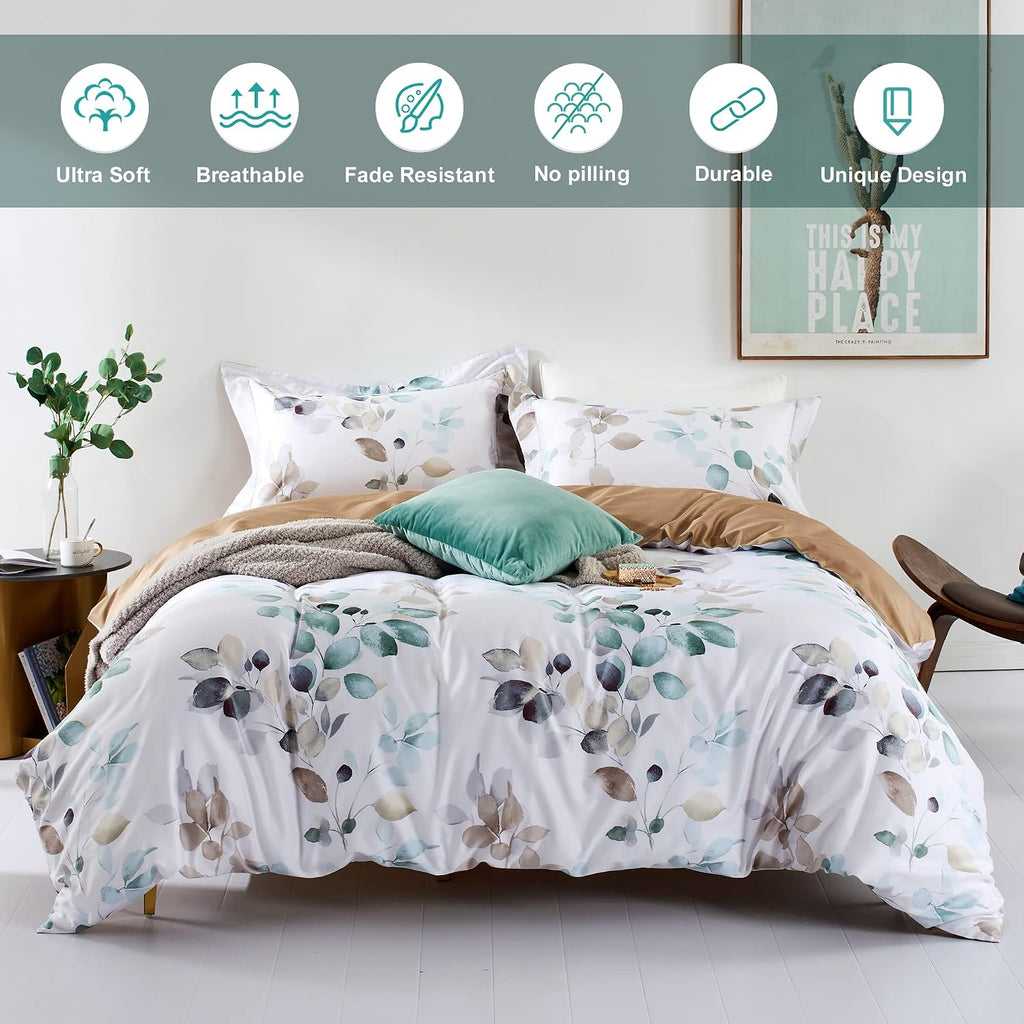 MILDLY White Floral Green Leaves Luxury Duvet Cover Set 3pcs Queen