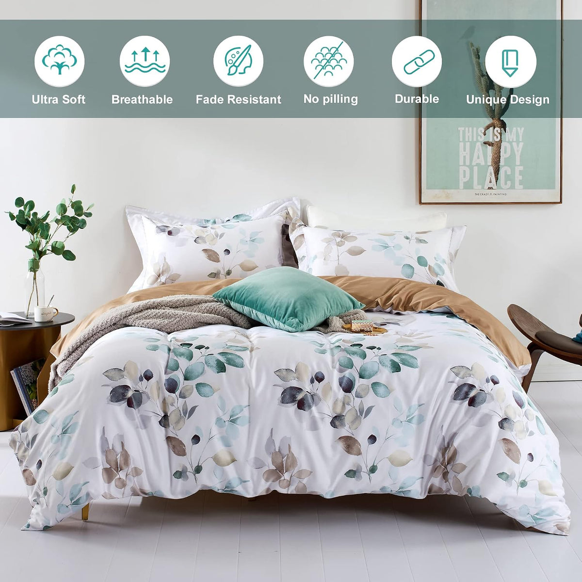 MILDLY White Floral Green Leaves Luxury Duvet Cover Set 3pcs Queen
