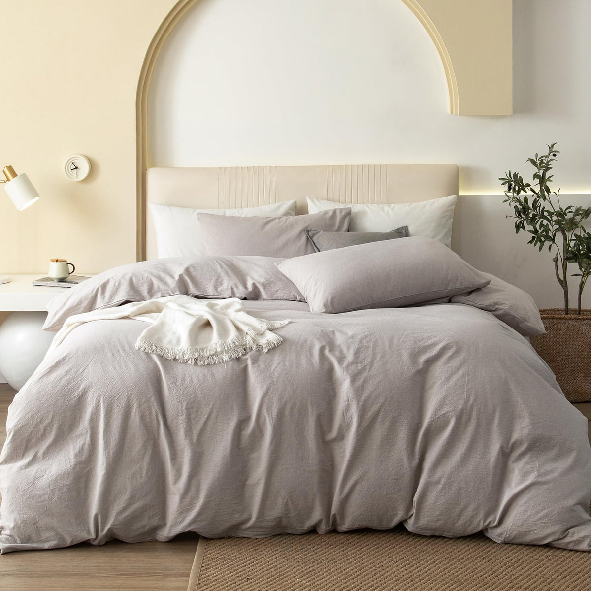 JIYUAN Queen Washed Cotton Duvet Cover Set, 3-Piece, Relaxed Linen Feel
