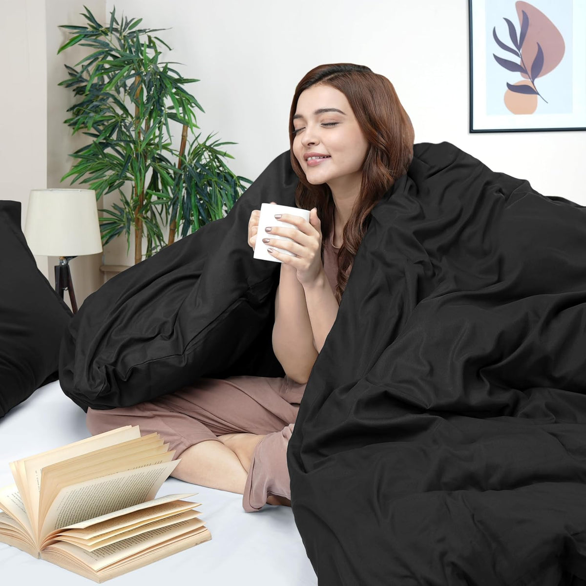 Duvet Cover Queen, 3 Piece Cotton Like Polyester with Zipper Closure, Black