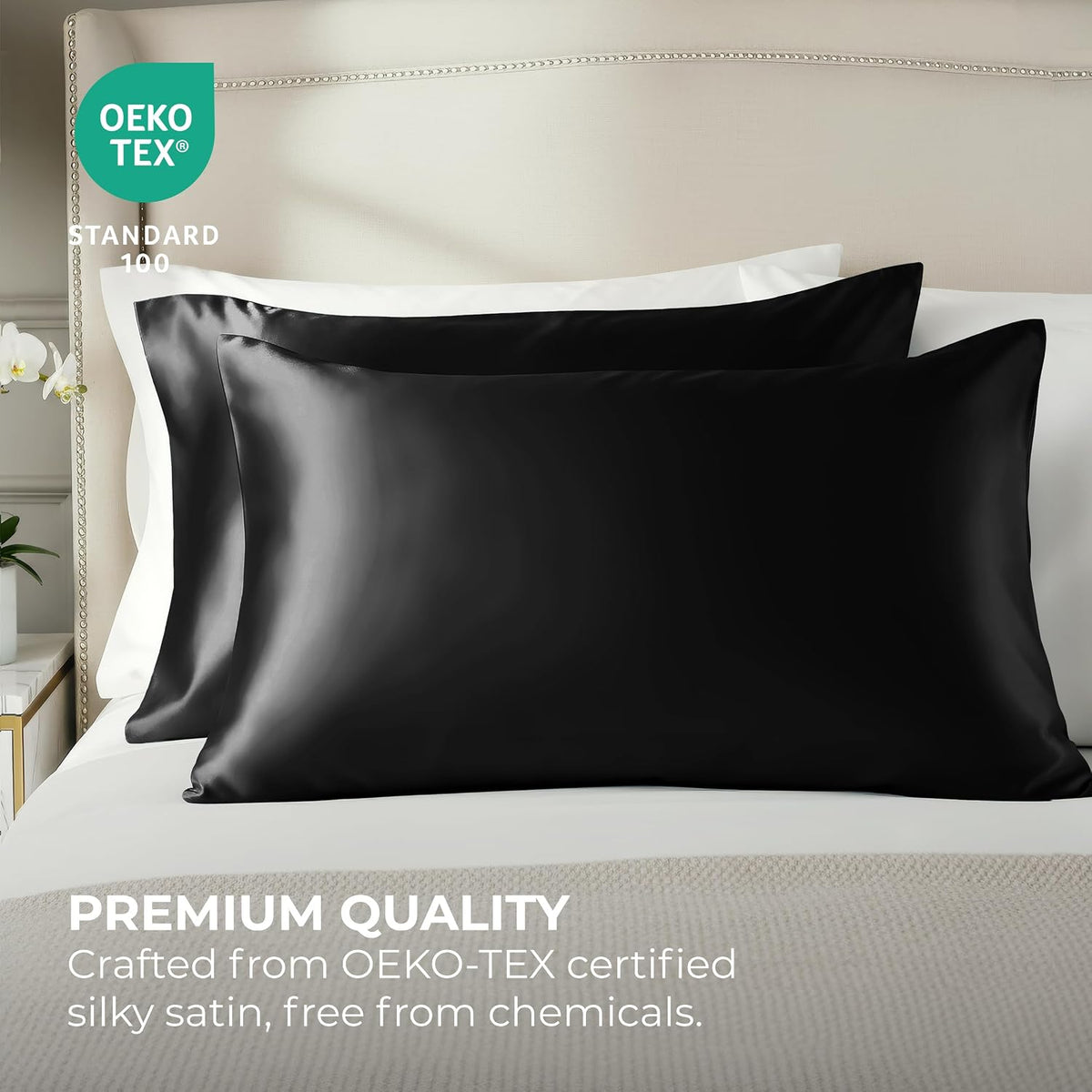 Pure Bedding Satin Pillowcase 2 Pack - Queen Size (20"x30", Black) - Silky Pillow Cases for Hair and Skin - Satin Pillow Covers with Envelope Closure - Extra Soft Premium Microfiber