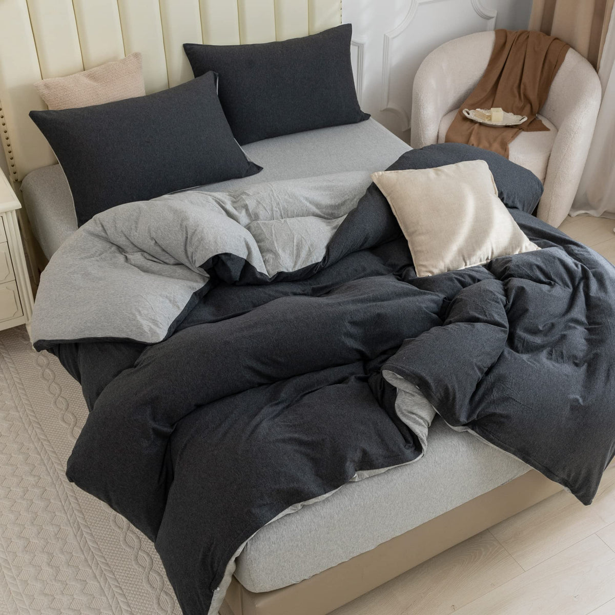PURE ERA Jersey Knit Duvet Cover Set 100% T-Shirt Cotton Super Soft Comfy 3pc Bedding Set with Zipper Closure (Heather Beige, Queen)