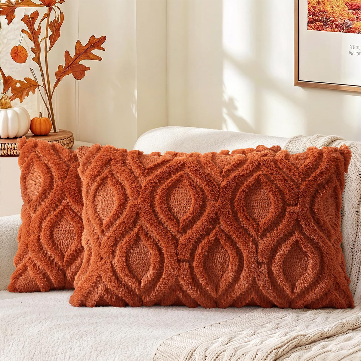 decorUhome Faux Fur Plush Soft Rust Throw Pillow Covers 18x18 Set of 2