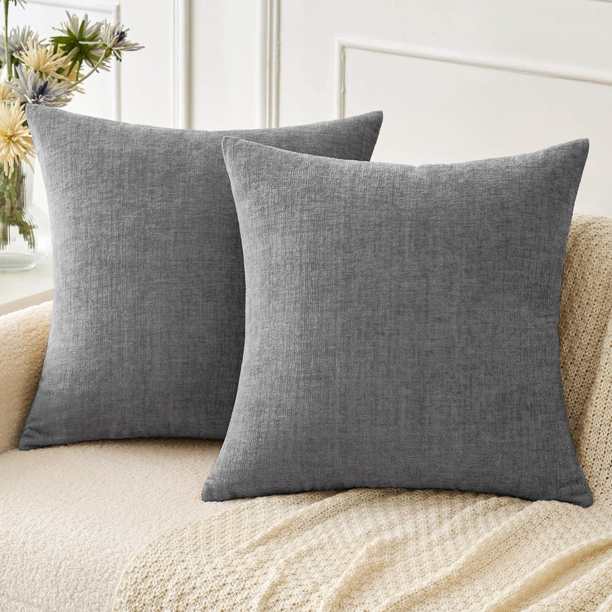 MIULEE Soft Chenille Throw Pillow Covers Sage Green 18x18 Inch Pack of 2