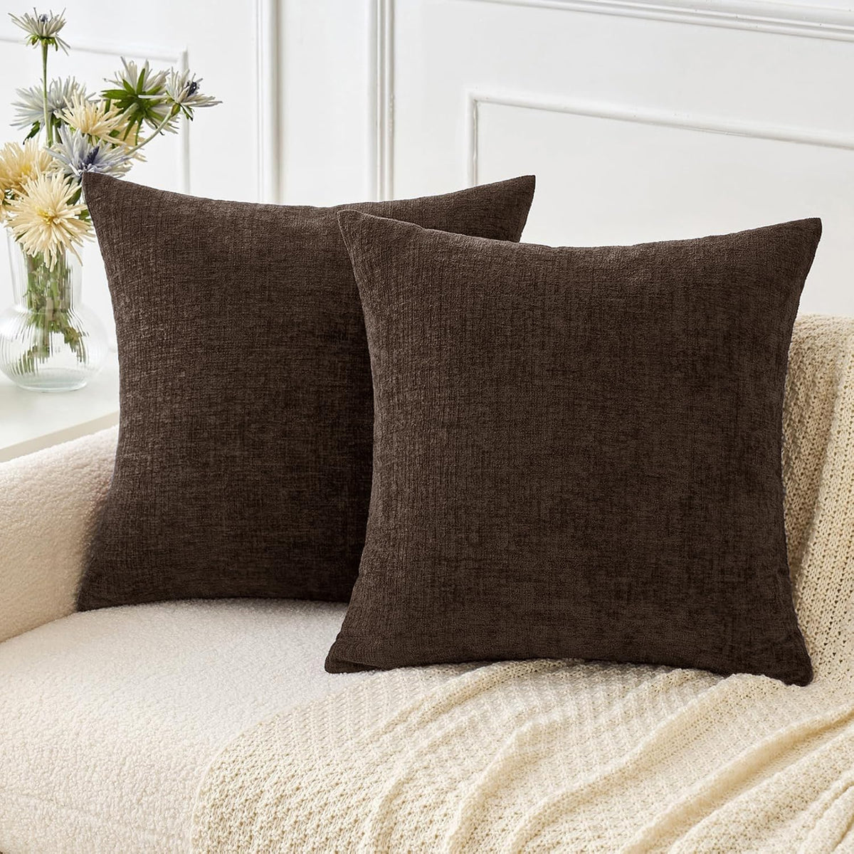 MIULEE Soft Chenille Throw Pillow Covers Teal 18x18 Inch Pack of 2