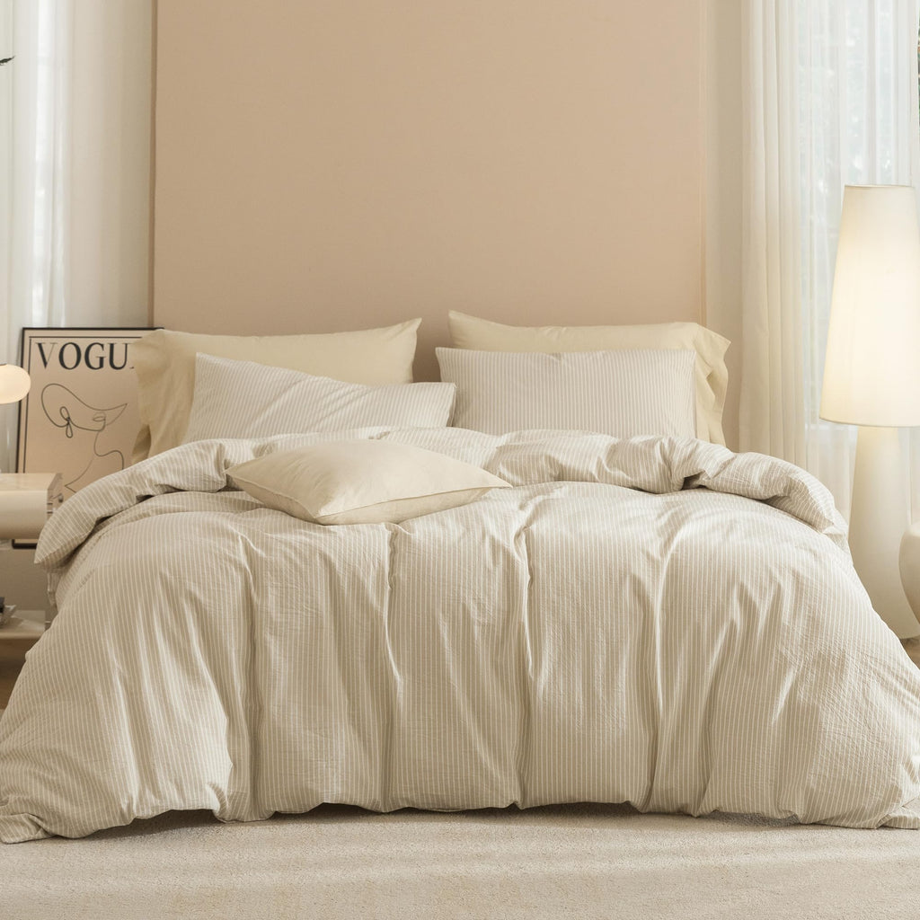 JIYUAN Queen Washed Cotton Duvet Cover Set, 3-Piece, Relaxed Linen Feel