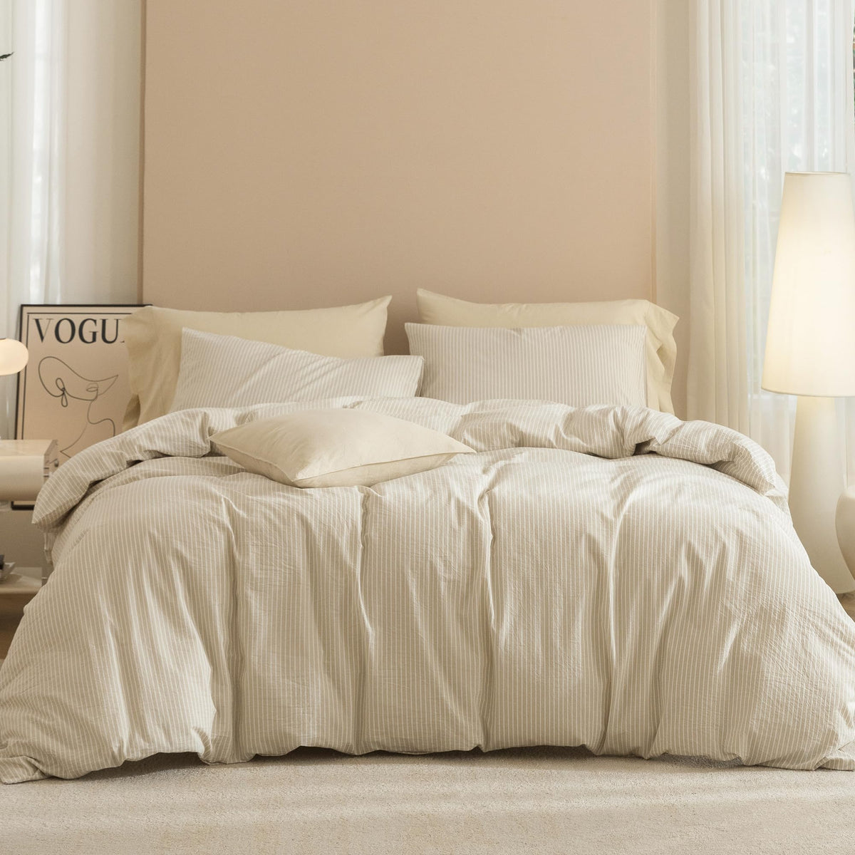 JIYUAN Queen Washed Cotton Duvet Cover Set, 3-Piece, Relaxed Linen Feel