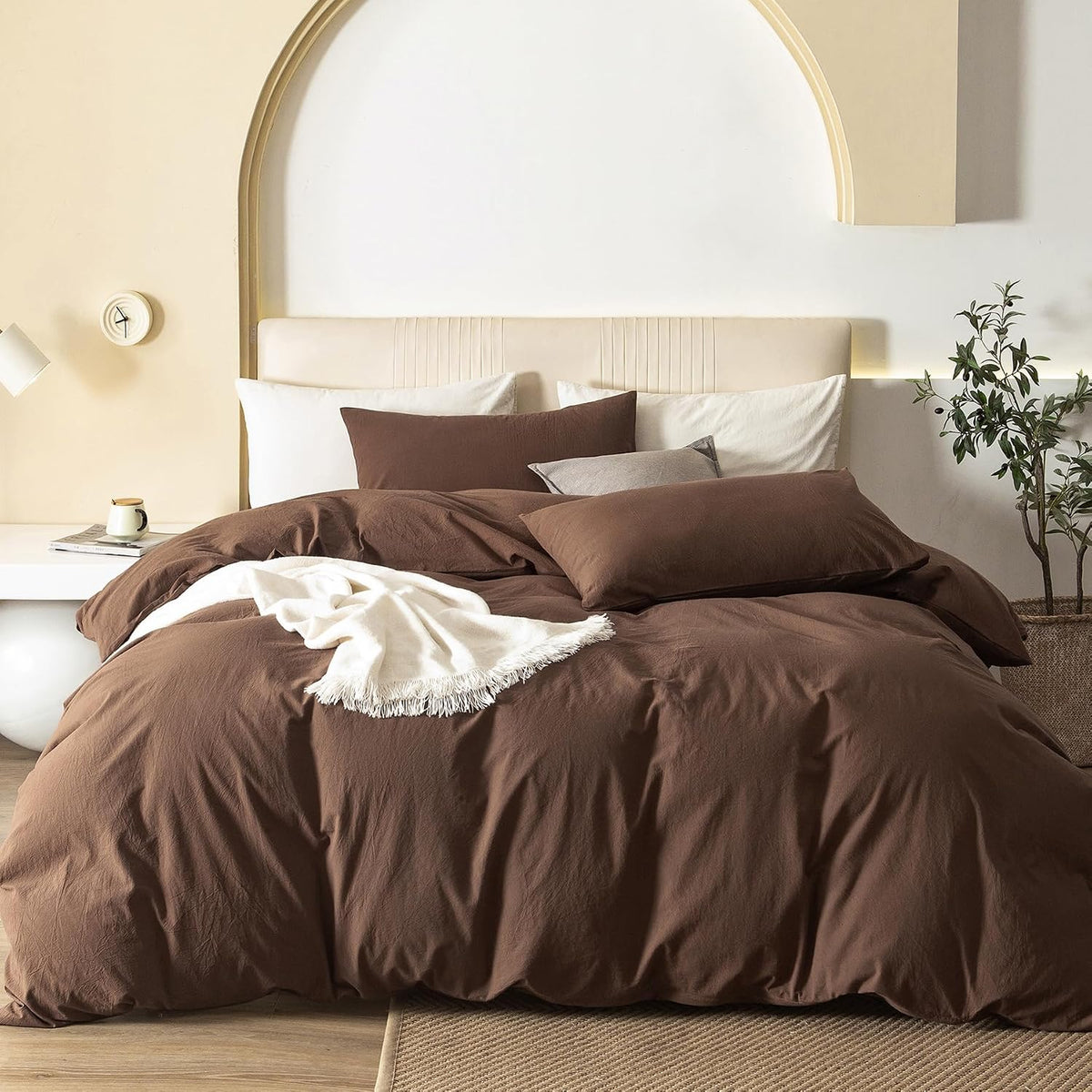 JIYUAN Queen Washed Cotton Duvet Cover Set, 3-Piece, Relaxed Linen Feel
