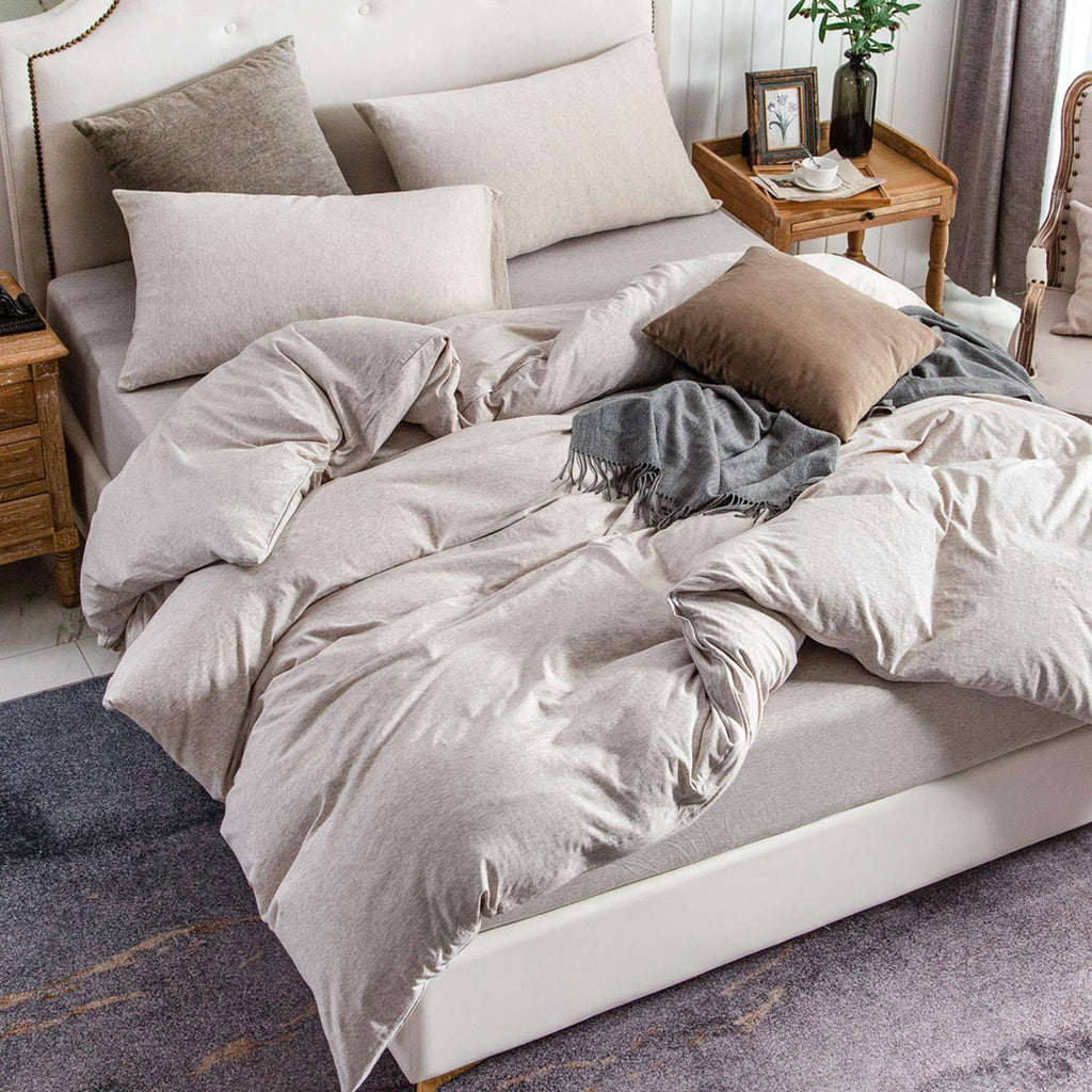 PURE ERA Jersey Knit Duvet Cover Set 100% T-Shirt Cotton Super Soft Comfy 3pc Bedding Set with Zipper Closure (Heather Beige, Queen)
