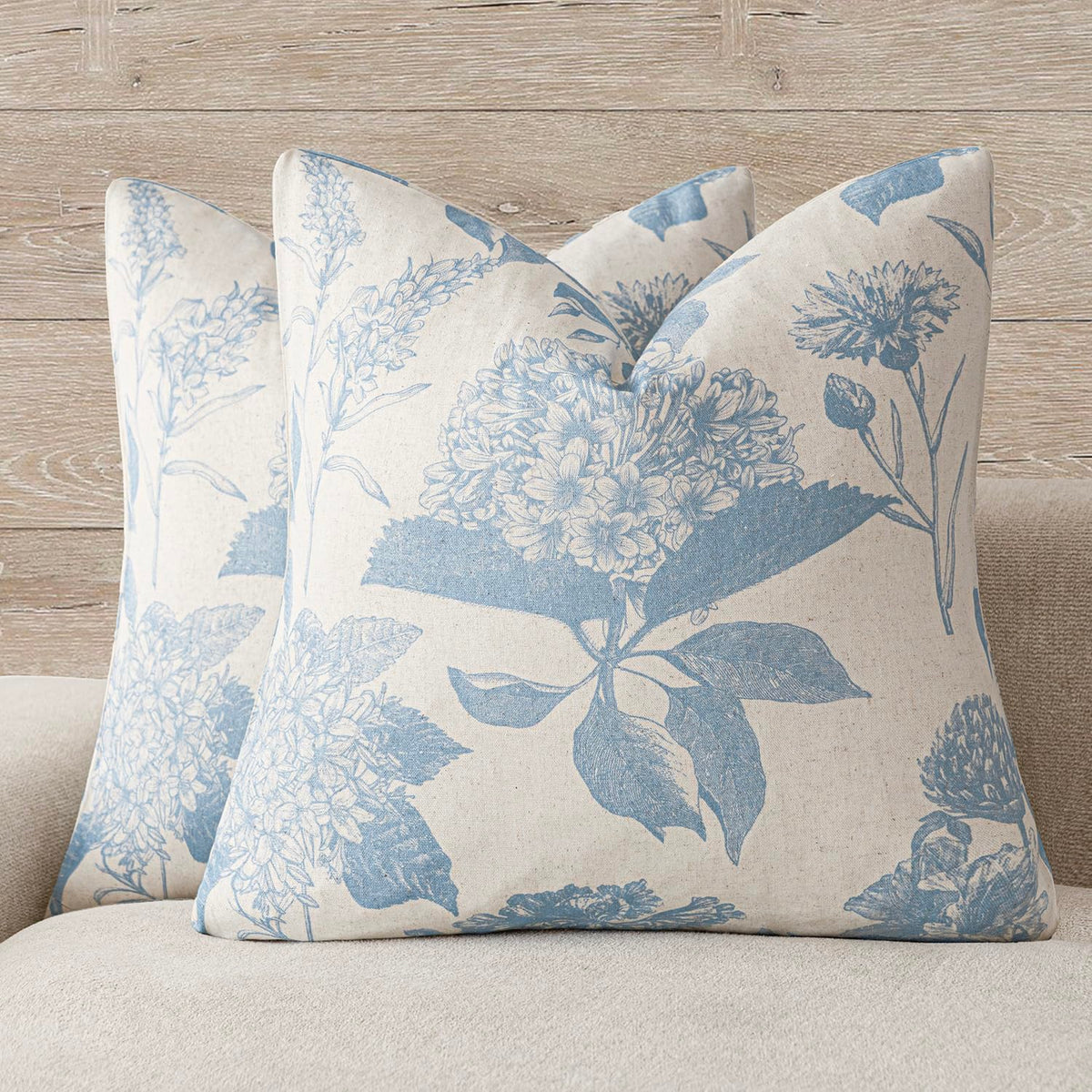 Foindtower Decorative Linen Floral Throw Pillow Covers 18×18 Inch,Blue