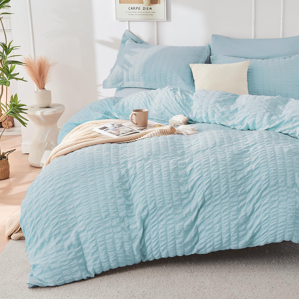 HYMOKEGE Beige Duvet Cover Queen Size, Ultra Soft 3-Piece Seersucker Duvet Cover Set with Zipper Closure, Soft Brushed Microfiber Bedding Set with 8 Corner Ties (90"x90", 2 Pillowshams)