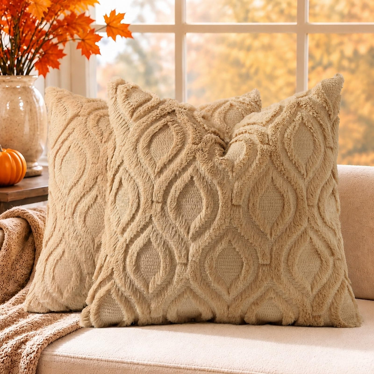 decorUhome Faux Fur Plush Soft Rust Throw Pillow Covers 18x18 Set of 2