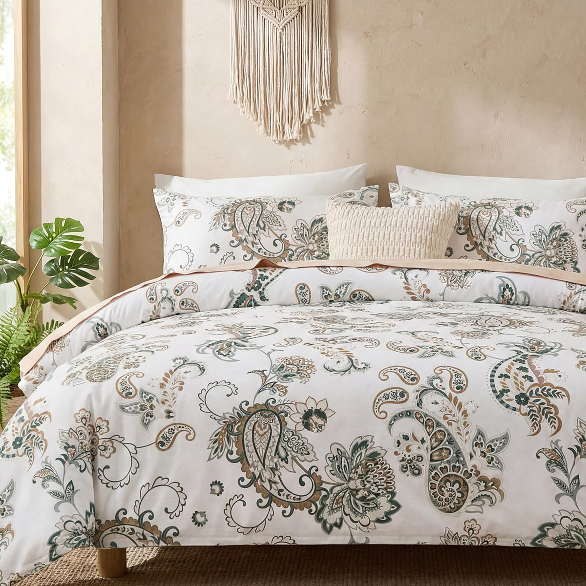 Duvet Cover Queen Size - 100% Cotton Reversible Floral Queen Duvet Cover Set with Zipper Closure, 3 Pieces Soft & Breathable Green Bedding Set for All Seasons