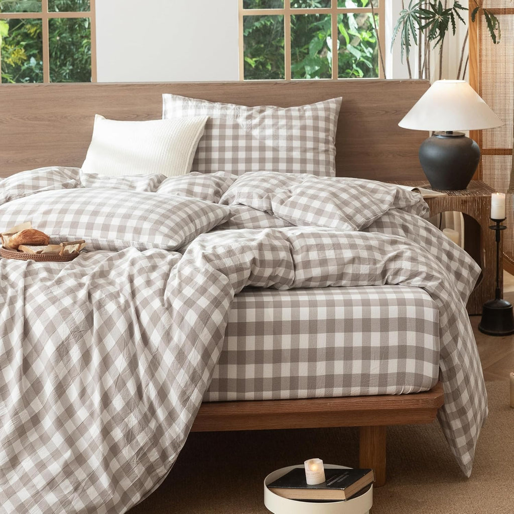 MooMee Gingham Duvet Cover Set 100% Washed Cotton Linen Like King