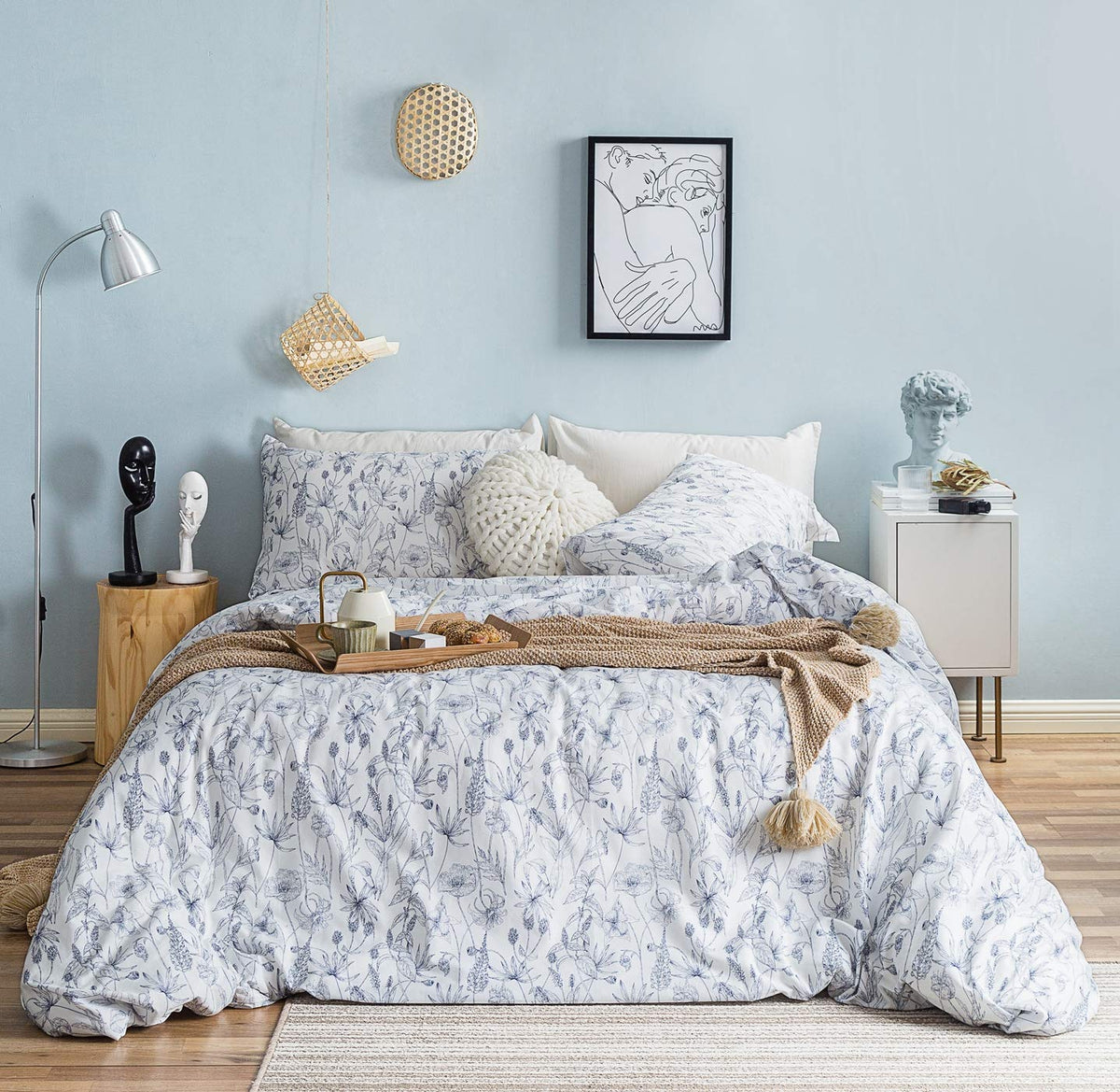 SUSYBAO Blue Paisley Duvet Cover King 100% Cotton Vintage Floral Duvet Cover 3 Pcs Set 1 Boho Brown Flower Duvet Cover with Zipper Ties 2 Pillowcases Luxury Retro Bohemian Bedding Set Soft Comfy