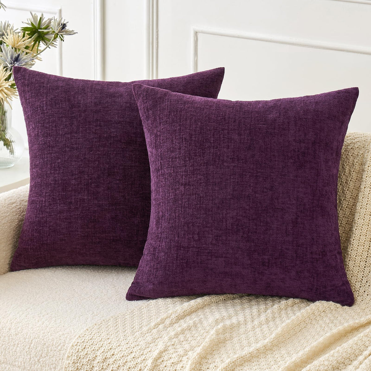MIULEE Soft Chenille Throw Pillow Covers Teal 18x18 Inch Pack of 2