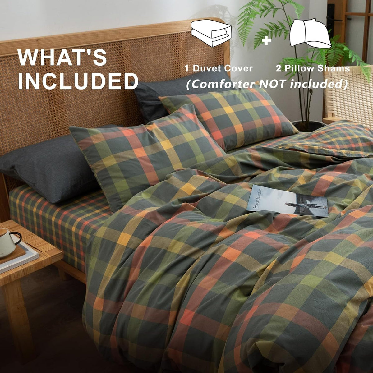 Plaid Duvet Cover Set Washed Cotton,Queen(90"x90"),Multicolor Gingham