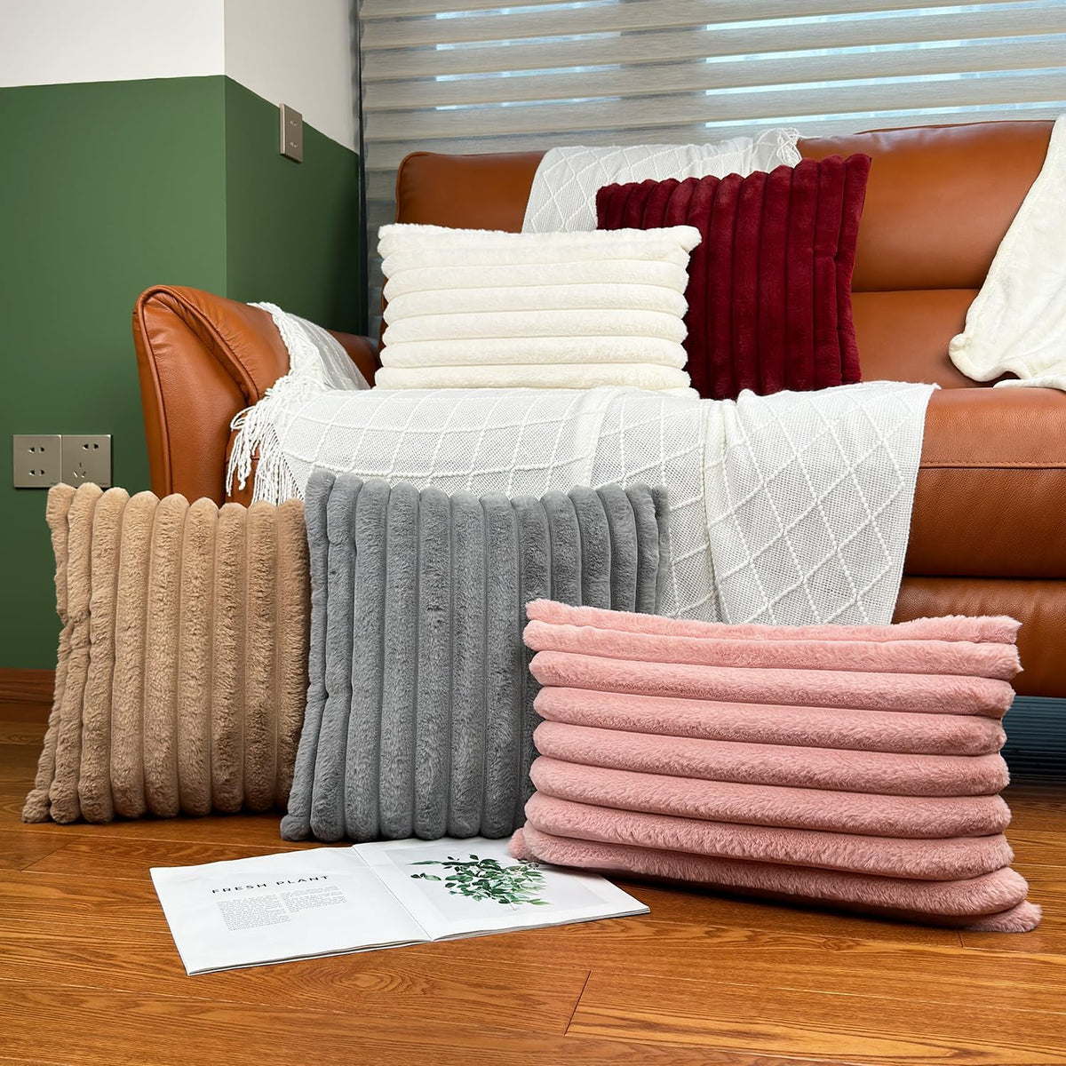 COTEY 18x18 Decorative Faux Fur Throw Pillow Covers Set of 2- Pink
