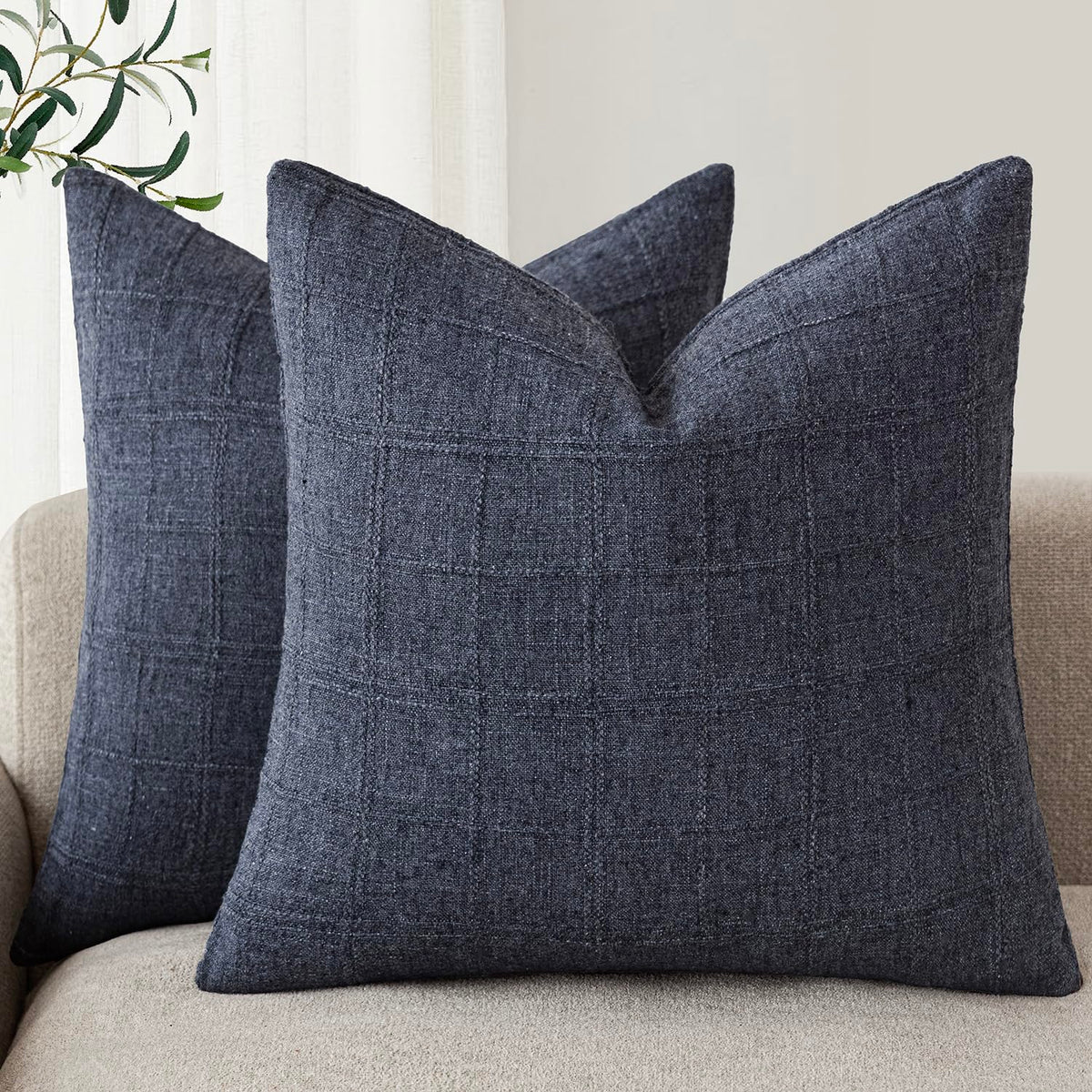 Foindtower Boho Linen Check Decorative Throw Pillow Cover 18×18 Olive Green