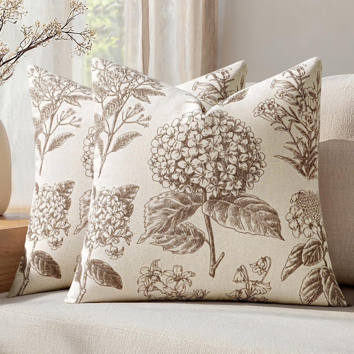 Set of 2 Decorative Floral Pillow Covers 18x18 Inch Light Brown