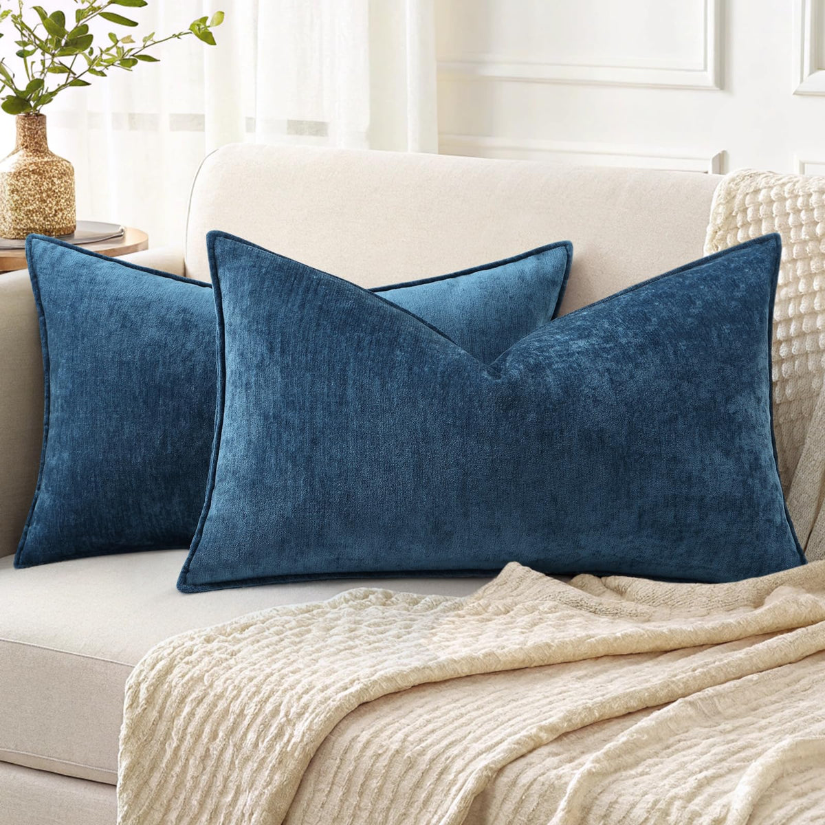 decorUhome Chenille Beige Velvet Throw Pillow Covers 20x20 Set of 2