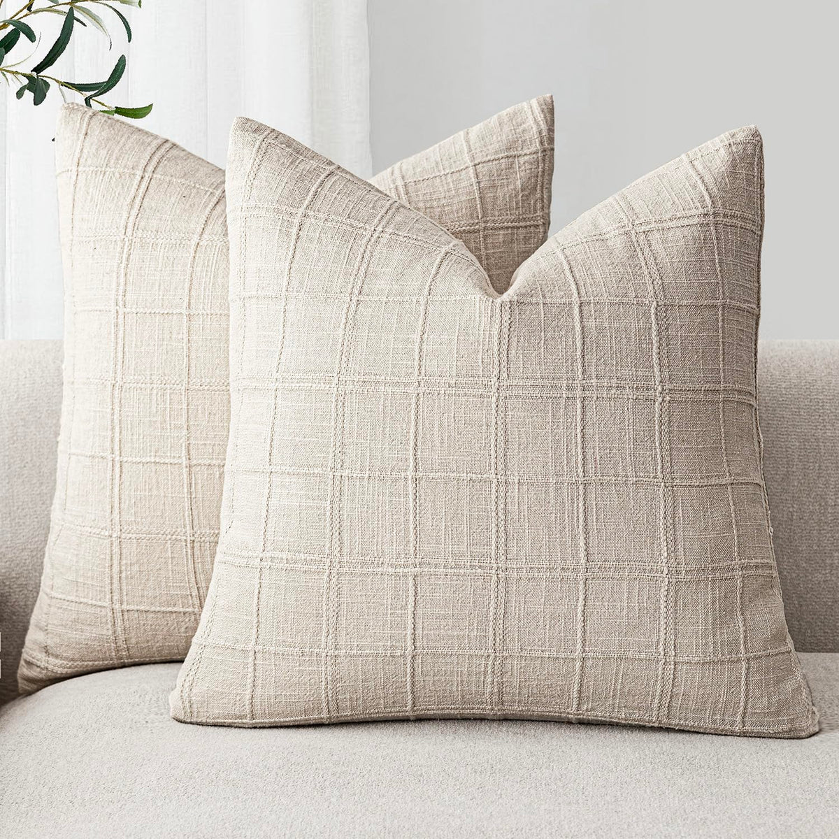 Foindtower Boho Linen Check Decorative Throw Pillow Cover 18×18 Olive Green