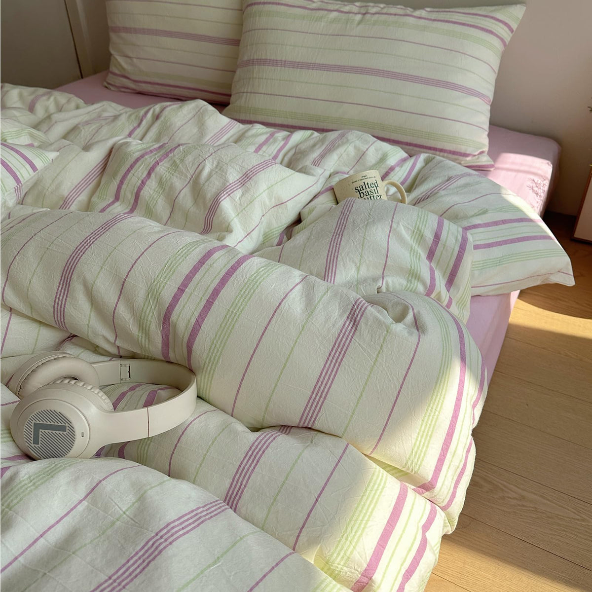 EAVD Retro Striped Duvet Cover Queen Soft 100% Washed Cotton Green Purple