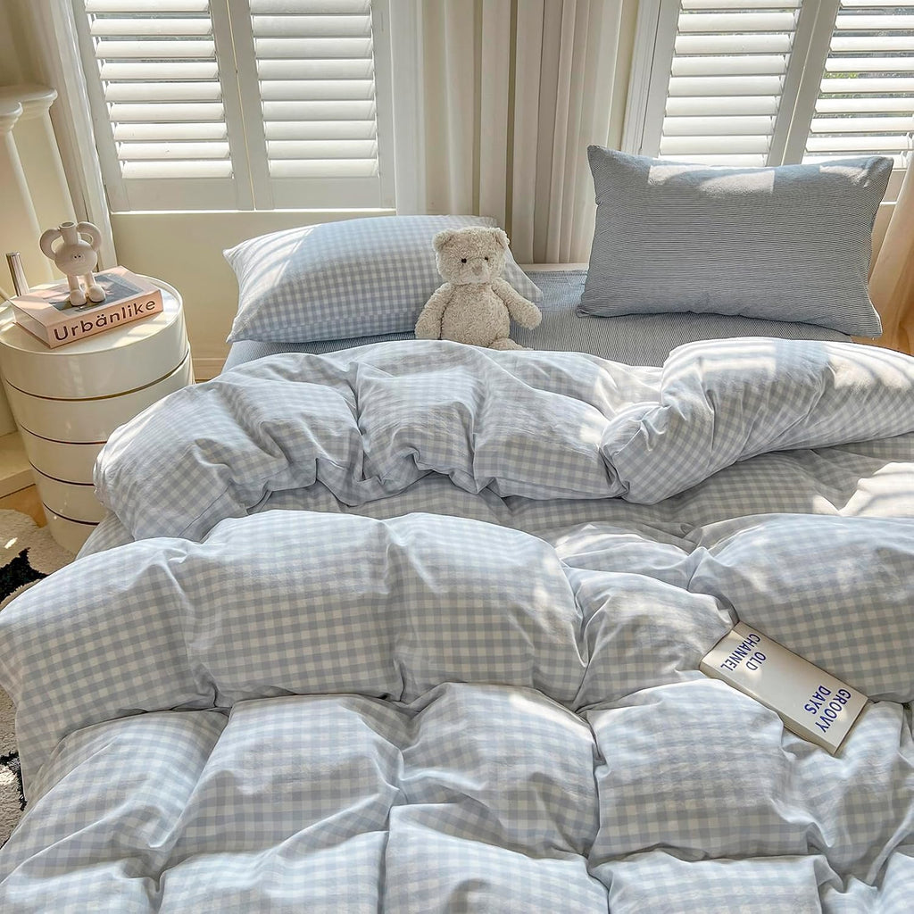 LifeTB Blue Gingham Duvet Cover Queen Size 100% Washed Cotton Blue White Plaid Checkered Duvet Cover 3 Pieces Farmhouse Grid Bedding Set Soft Breathable Gingham Comforter Cover with 2 Pillowcases