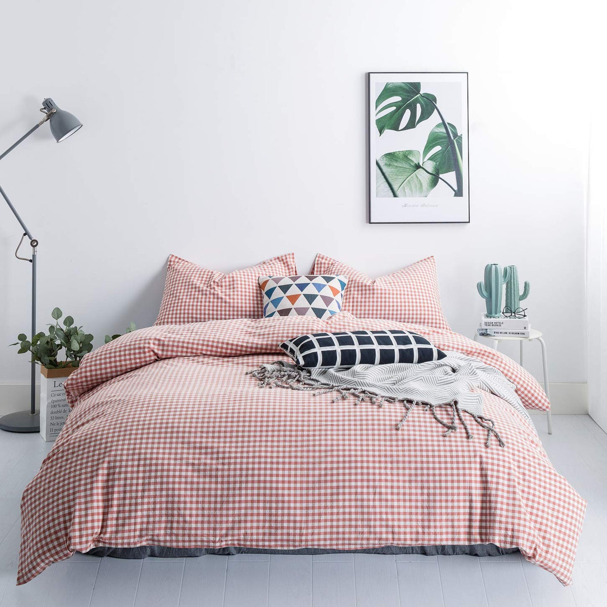 SUSYBAO Light Blue Gingham Duvet Cover Queen 100% Washed Cotton Blue Plaid Duvet Cover Set 3 Pieces 1 Blue Grid Duvet Cover with Zipper Ties 2 Pillow Cases Luxury Gingham Plaid Bedding Set Breathable
