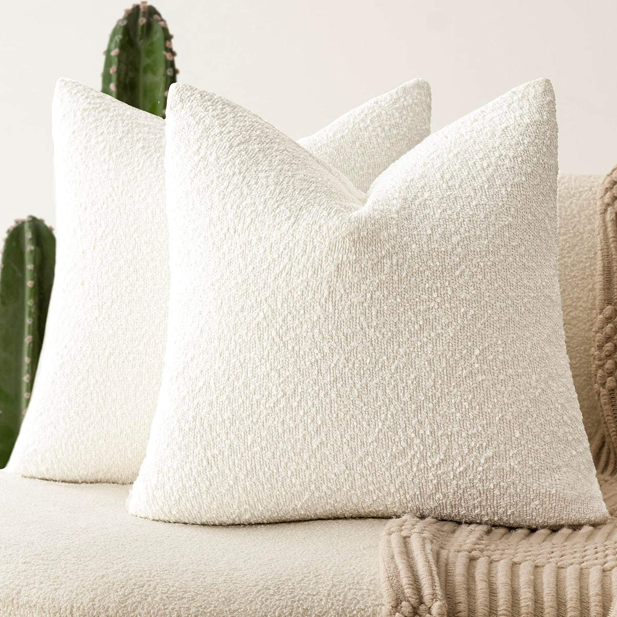 Foindtower Decorative Textured Boucle Throw Pillow Covers 18x18 Inch,Ivory