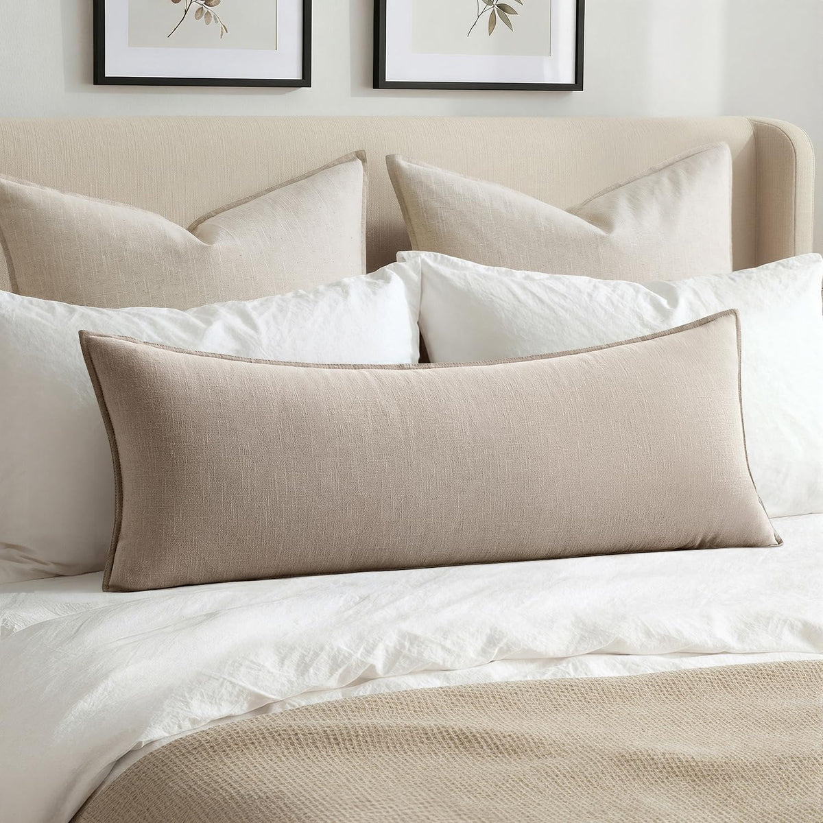 MIULEE Decorative Linen Lumbar Pillow Cover 14x36 Inch Natural Beige
