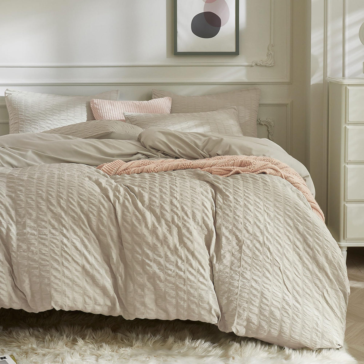 JELLYMONI White Seersucker Duvet Cover Set Queen Size