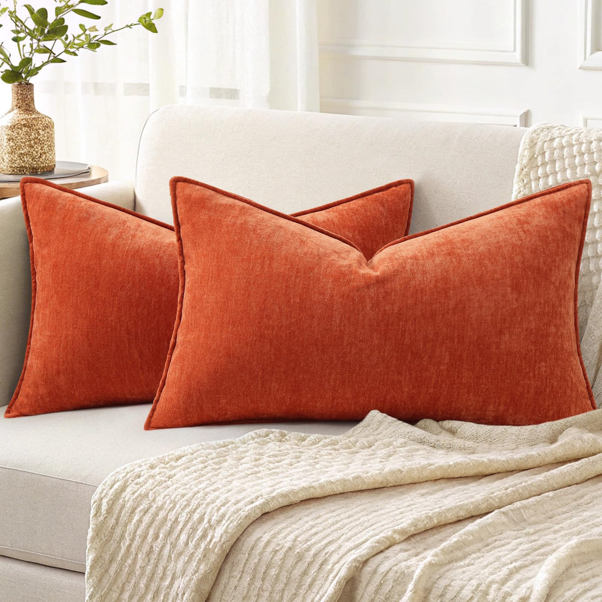 decorUhome Chenille Beige Velvet Throw Pillow Covers 20x20 Set of 2