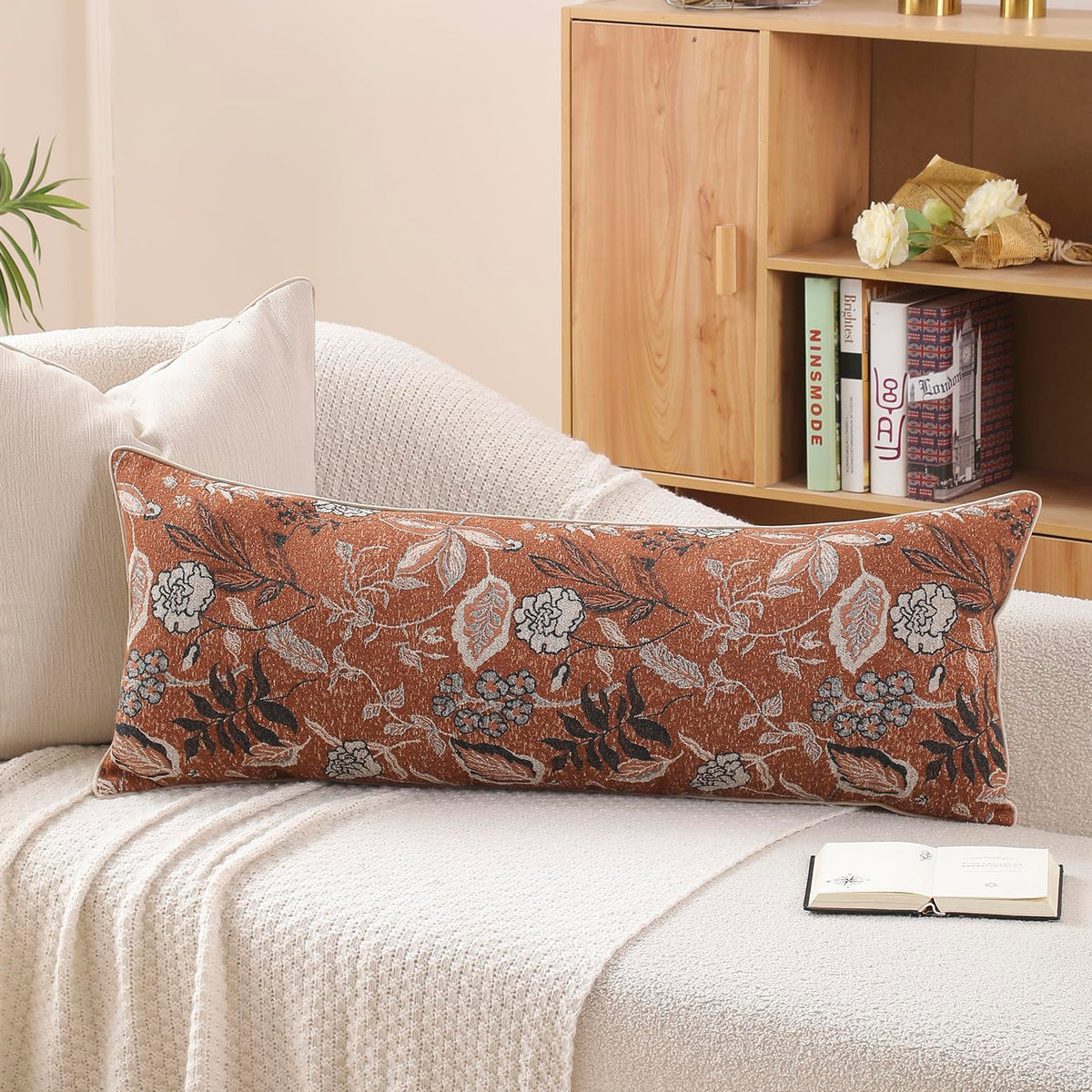 Green Floral Textured Throw Pillow Cover 18x18 Fall Vintage Rust Pillow Cover Farmhouse Summer Leaf Cushion Cover Chenille Neutral Flower Pillowcase Home Decor for Sofa Living Room Bedding