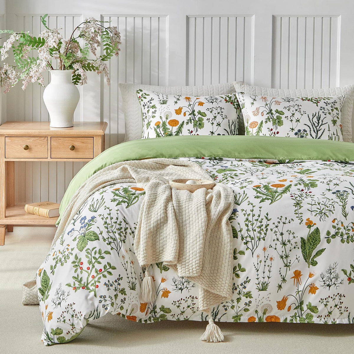 Lekesky Floral Duvet Cover Queen Size 3-Piece, Sage Green